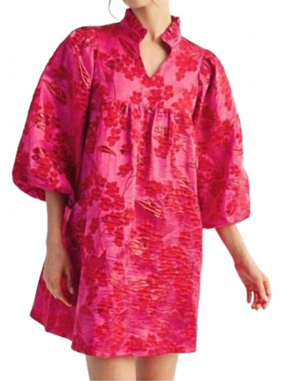 JODIFL Hot Pink & Red Brocade Puff-Sleeve Floral Dress - NWT XL - Picture 4 of 10